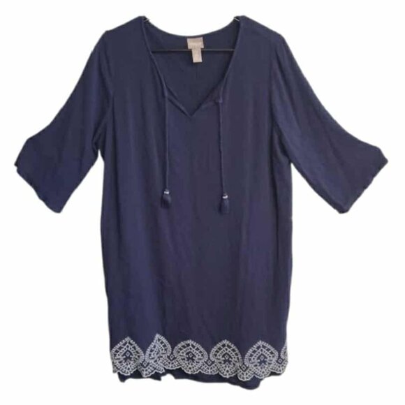 Chico's Bohemian Dress Embellished Hem Tunic Dress Lined Navy Blue Size 2 Large - Picture 1 of 15